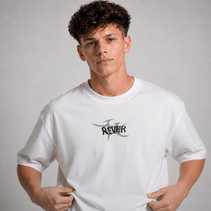 Person wearing a white t-shirt with a logo on a gray background