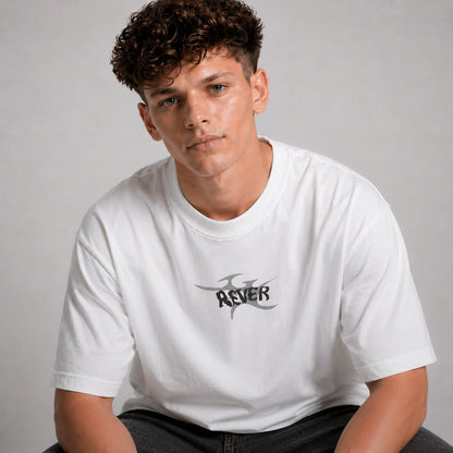Person wearing a white t-shirt with a logo on a gray background