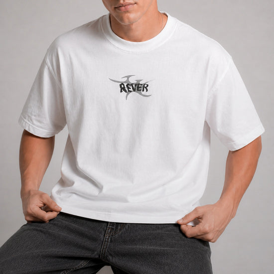 Person wearing a white t-shirt with a logo on a gray background