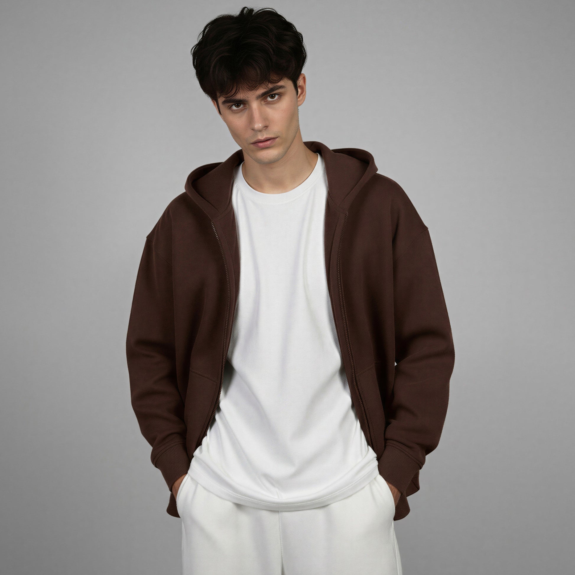 Man wearing a brown hoodie over a white shirt and pants on a gray background