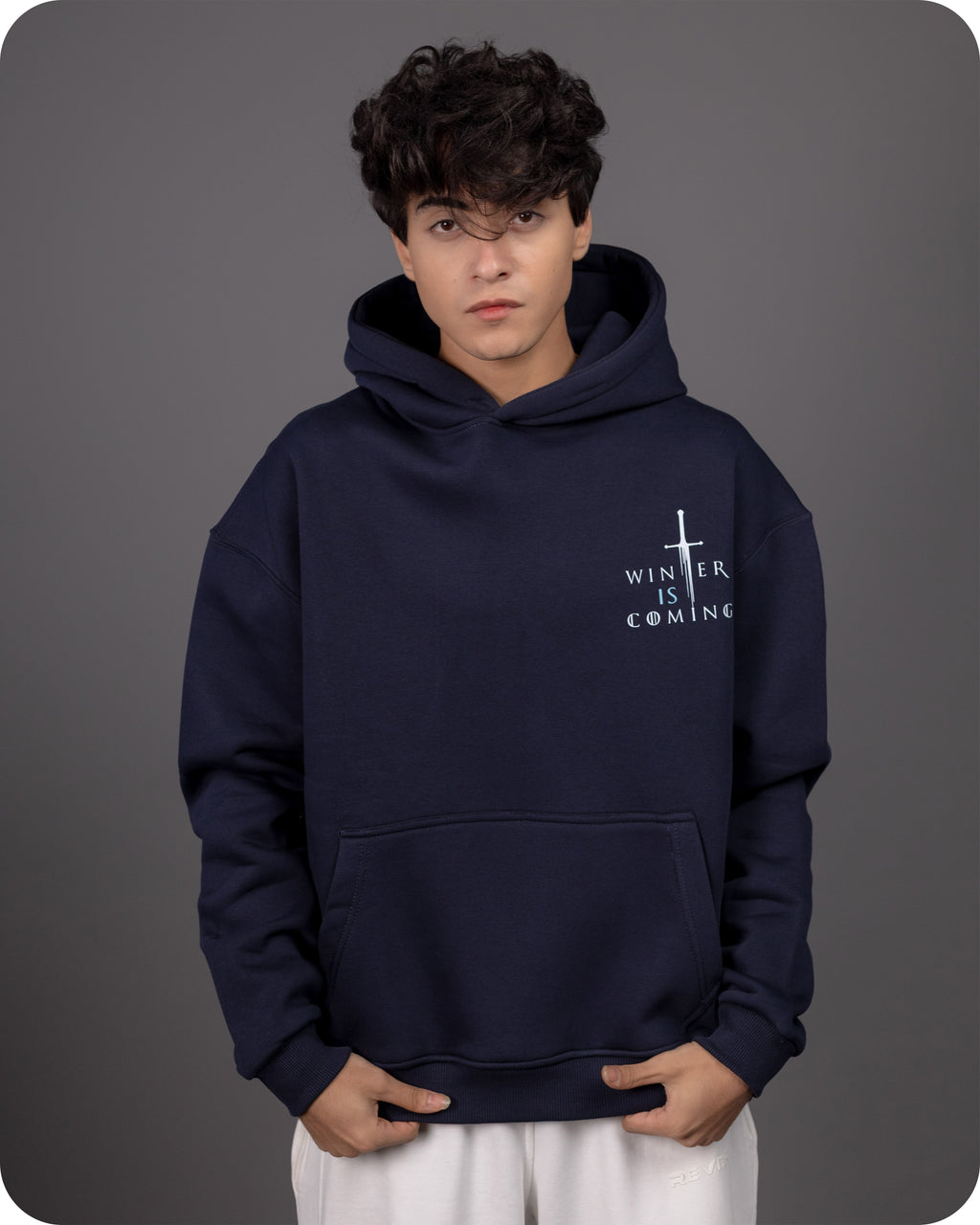 REVER – Oversized Hoodie – Navy WINTER IS COMING Print – Premium soft fabric, relaxed fit for ultimate comfort and effortless street style.