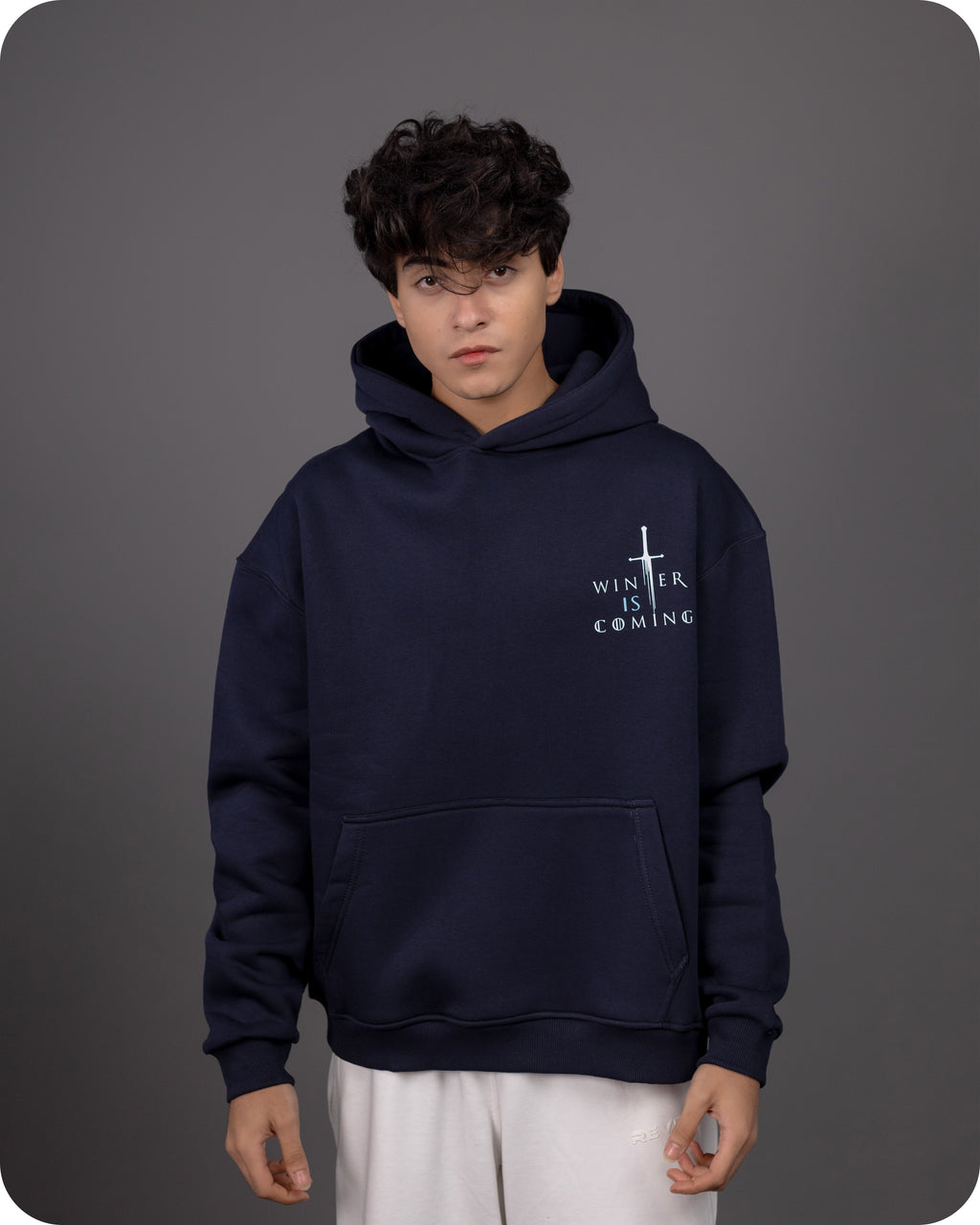 REVER – Oversized Hoodie – Navy WINTER IS COMING Print – Premium soft fabric, relaxed fit for ultimate comfort and effortless street style.