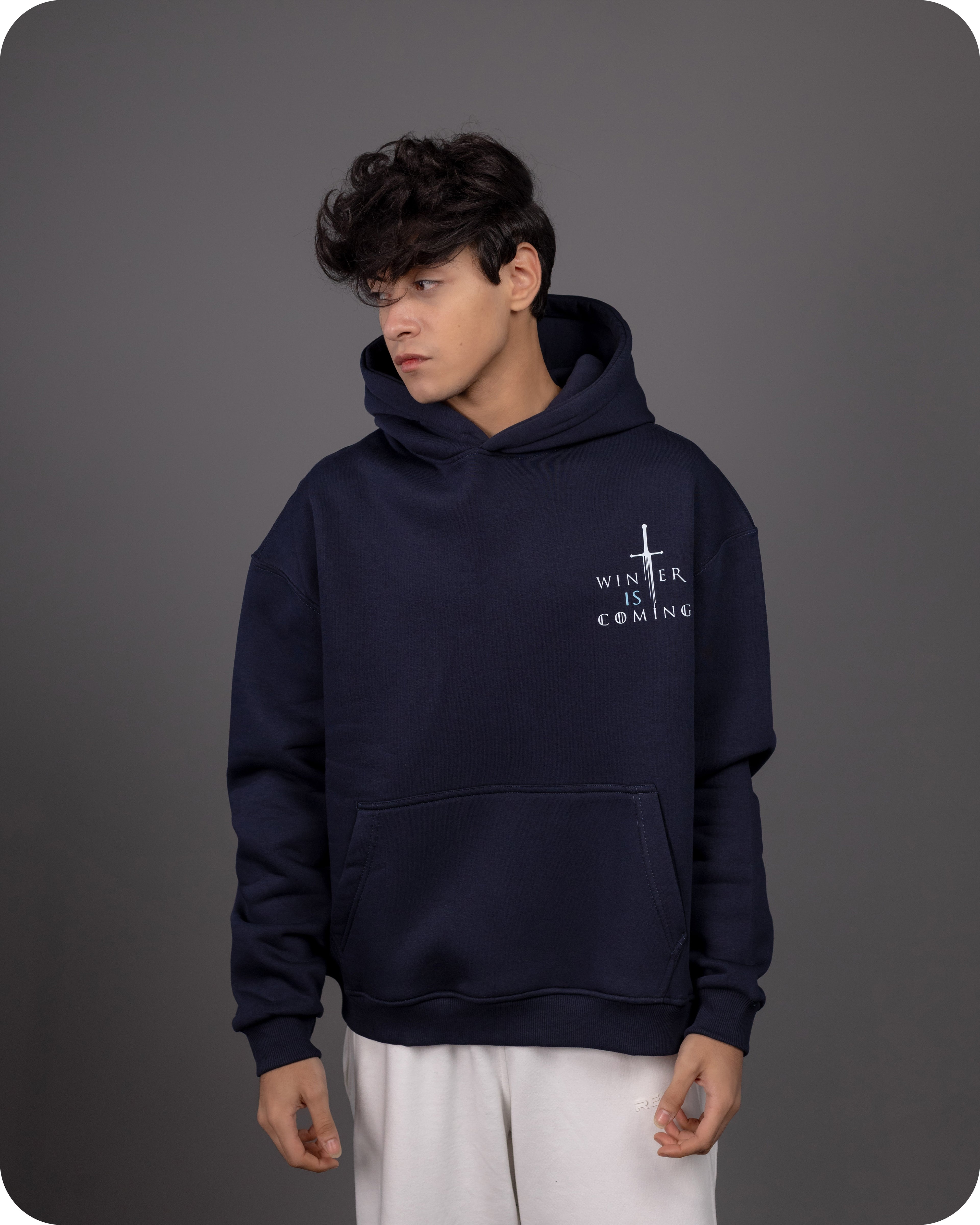 REVER – Oversized Hoodie – Navy WINTER IS COMING Print – Premium soft fabric, relaxed fit for ultimate comfort and effortless street style.