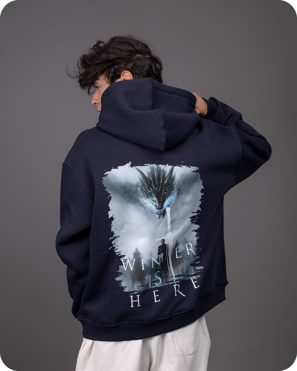 REVER – Oversized Hoodie – Navy WINTER IS COMING Print – Premium soft fabric, relaxed fit for ultimate comfort and effortless street style.